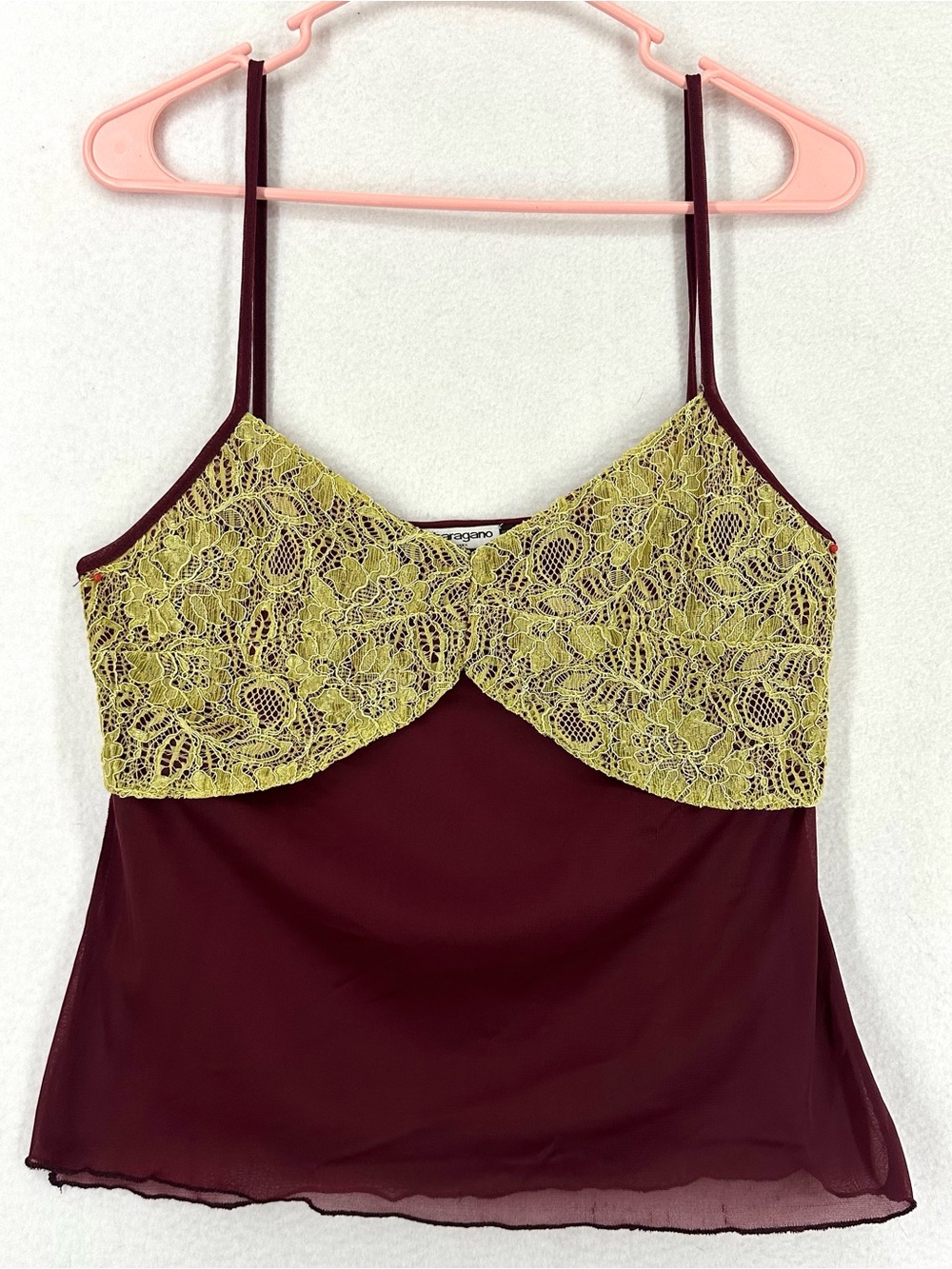 Sharagano Lace Mesh Cami Top Women’s Medium Burgundy Green Y2K
